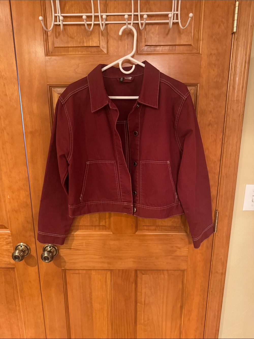 Divided Burgundy Cropped Button-Up Denim Jacket